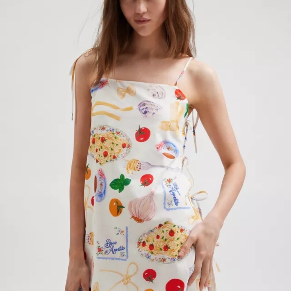 Brand New Lisa Says Gah! Buon Appetito Dress Spaghetti Italian Print Tie Straps - Picture 2 of 3